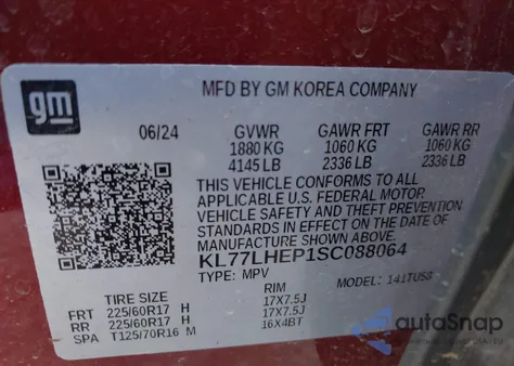 2025 Chevrolet Trax Fwd Lt z USA, uszkodzony, nr VIN KL77LHEP1SC088064